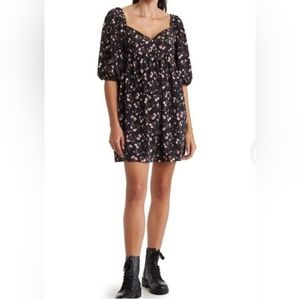 Wayf Black Floral Print Boho Puff Sleeve Babydoll  Mini Dress Size Small